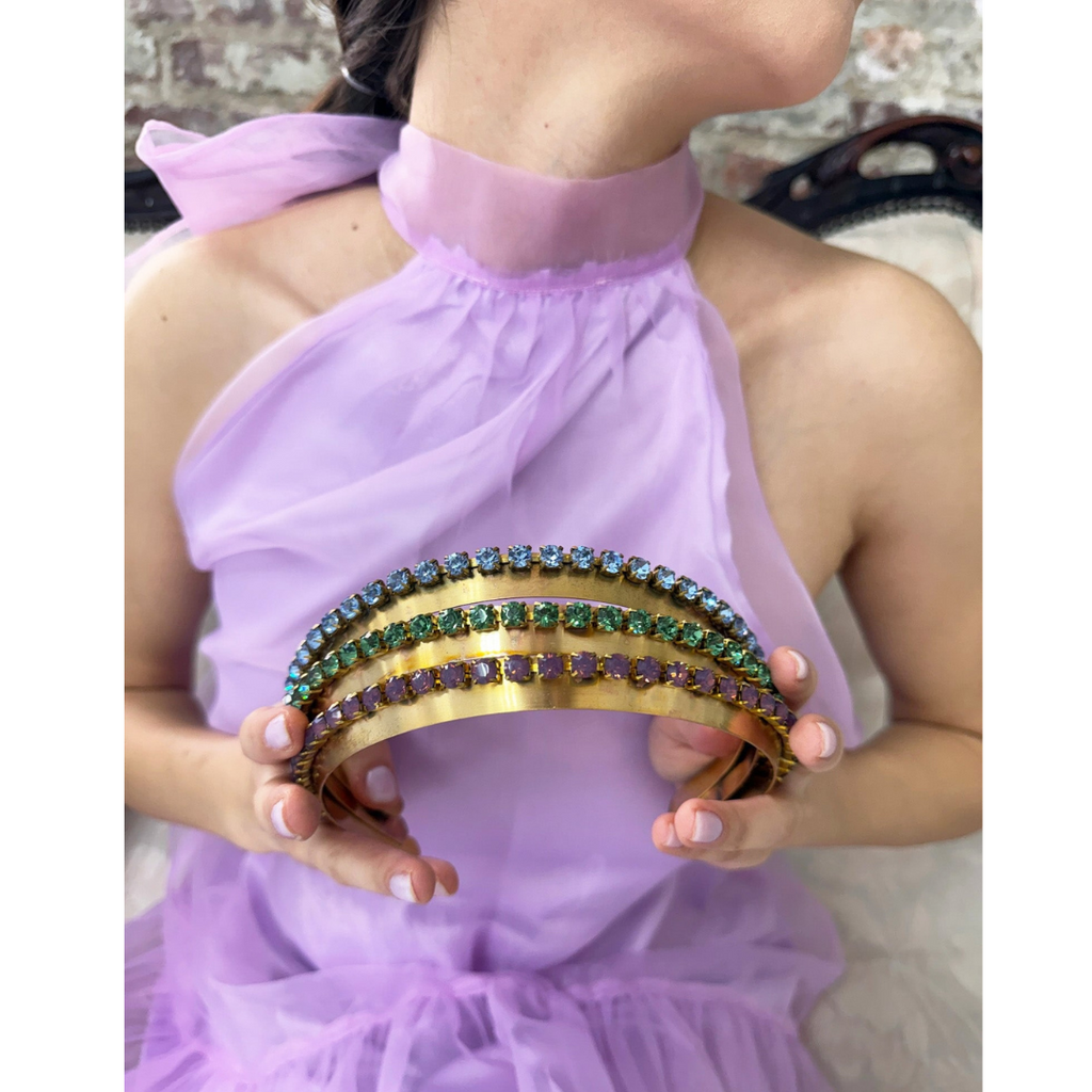 Narrow Danbury Crown headbands in a variety of pastel Swarovski crystal colors – luxury designer hair accessory