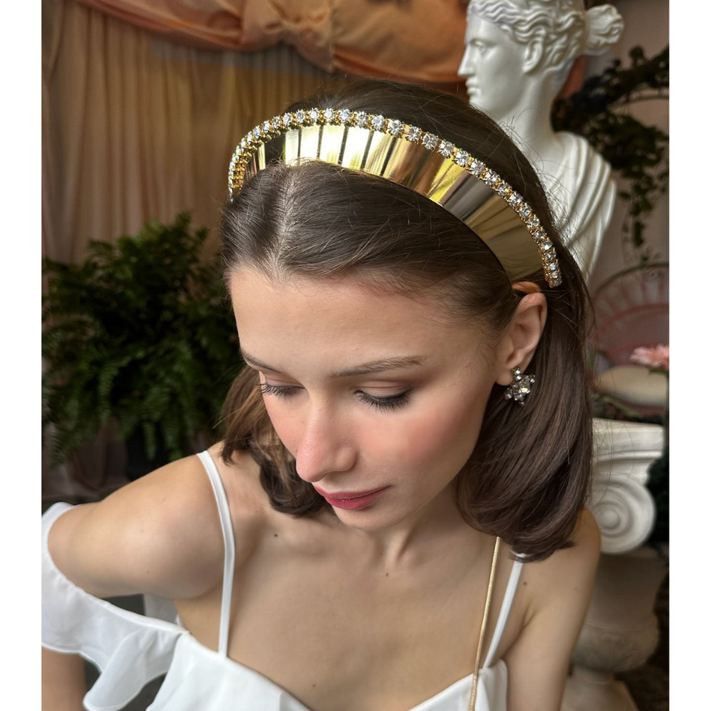 woman wearing Danbury Crown headband – best-selling luxury gold or silver designer hair accessory