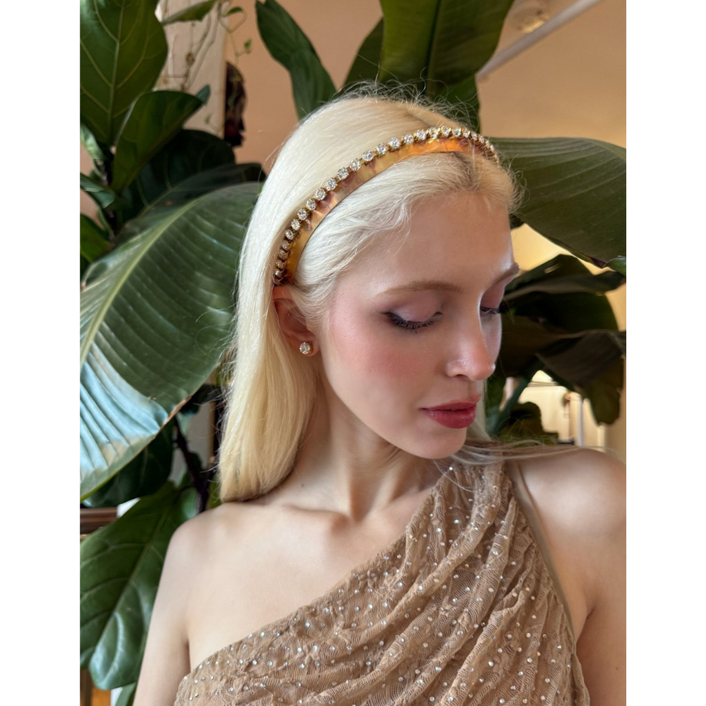 woman wearing Narrow Danbury Crown metal headband – Swarovski crystal luxury designer hair accessory