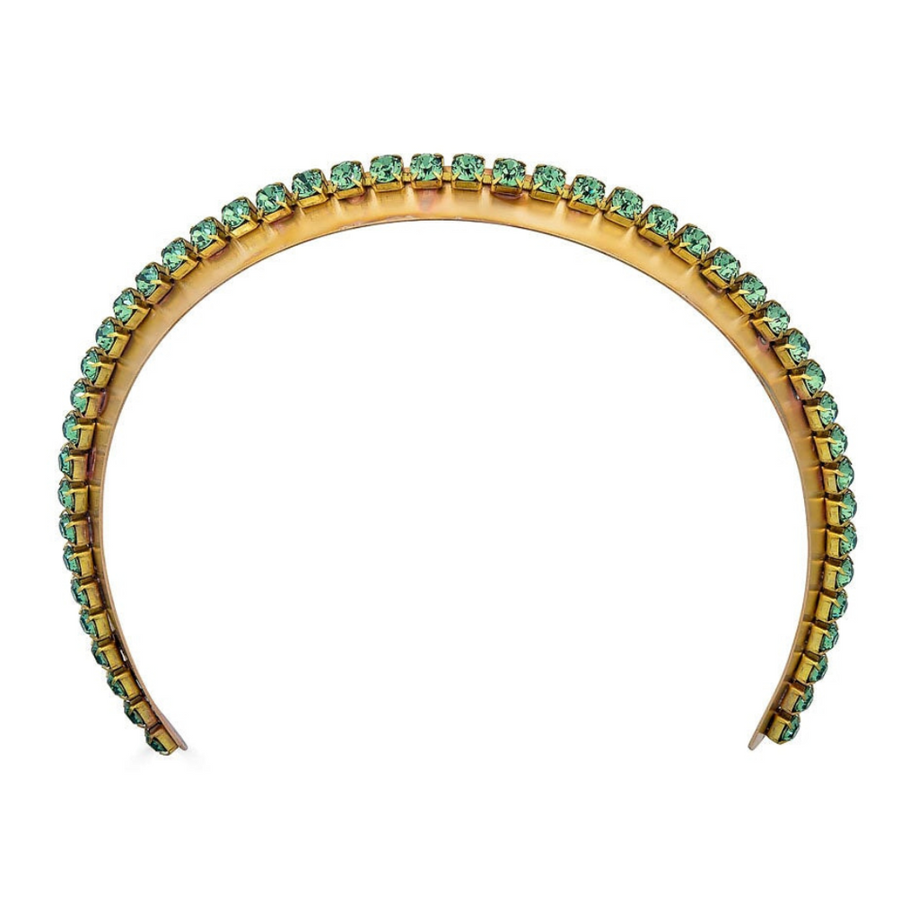 Narrow Danbury Crown headband with green pastel Swarovski crystals – luxury designer hair accessory