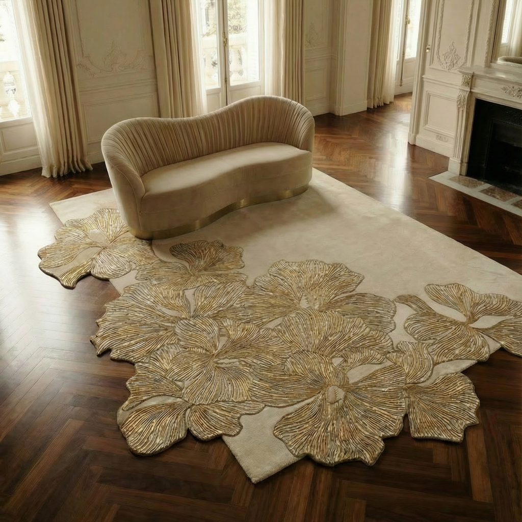 Hibiscus Designer luxury rug with gold floral cut out pattern on a textured beige background made from wool and bamboo silk