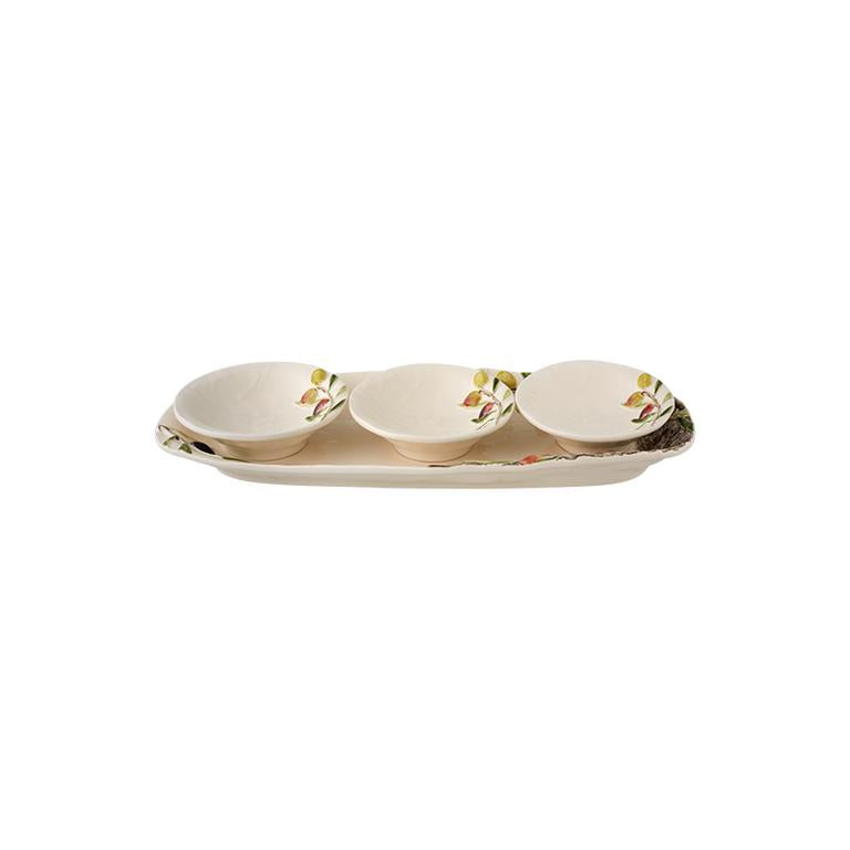 Bordallo Pinheiro Bordallo Pinheiro Olival Set Platter + 3 Bowls | Luxury Handmade Ceramics: This Olival Set Platter + 3 Bowls from the Bordallo Pinheiro Bordallo Pinheiro collection is a standout piece of luxury ceramic serveware, Portuguese pottery, handcrafted dish, handcrafted in Portugal, Bordallo Pinheiro. Handmade in Portugal, it blends artistic detail with functional charm—perfect as a collector’s item or for elevating your daily table setting.
