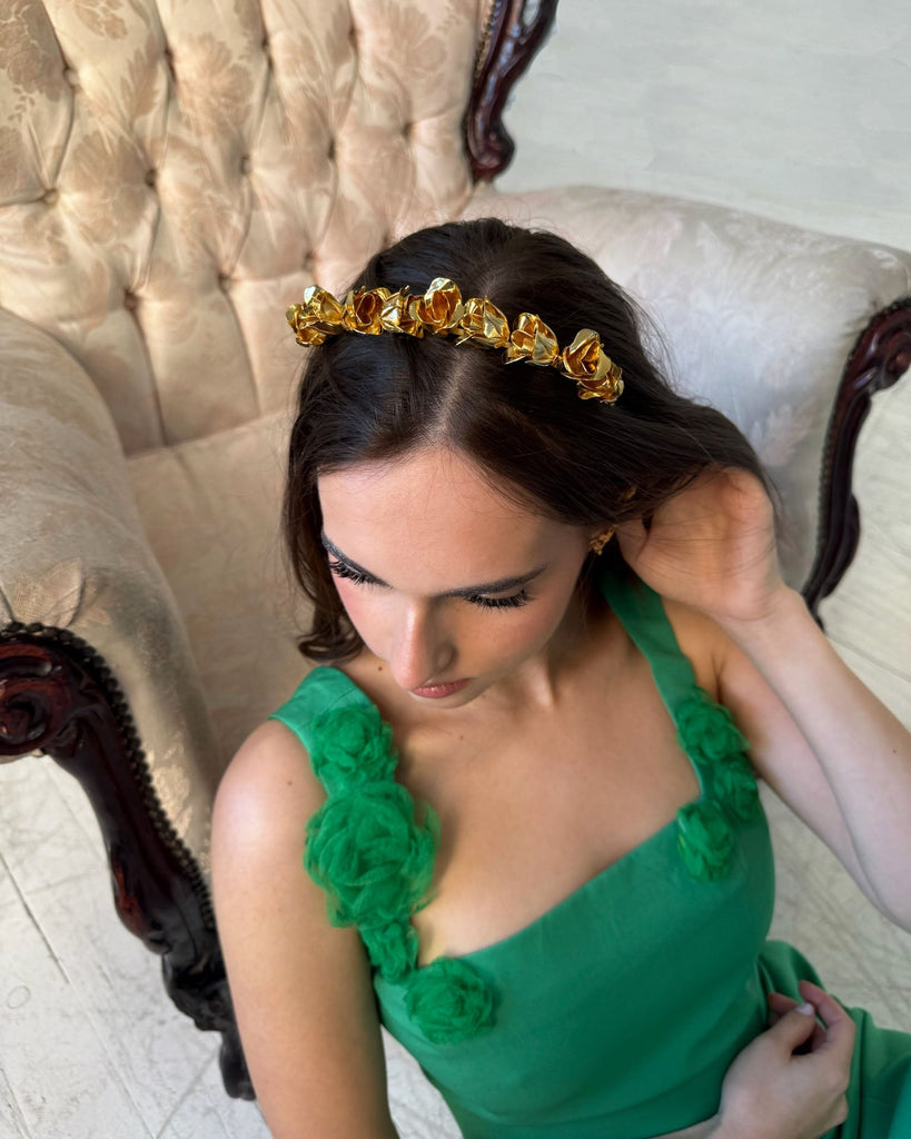 Rose Vine Headband – 14K gold plated rosebud luxury designer hair accessory