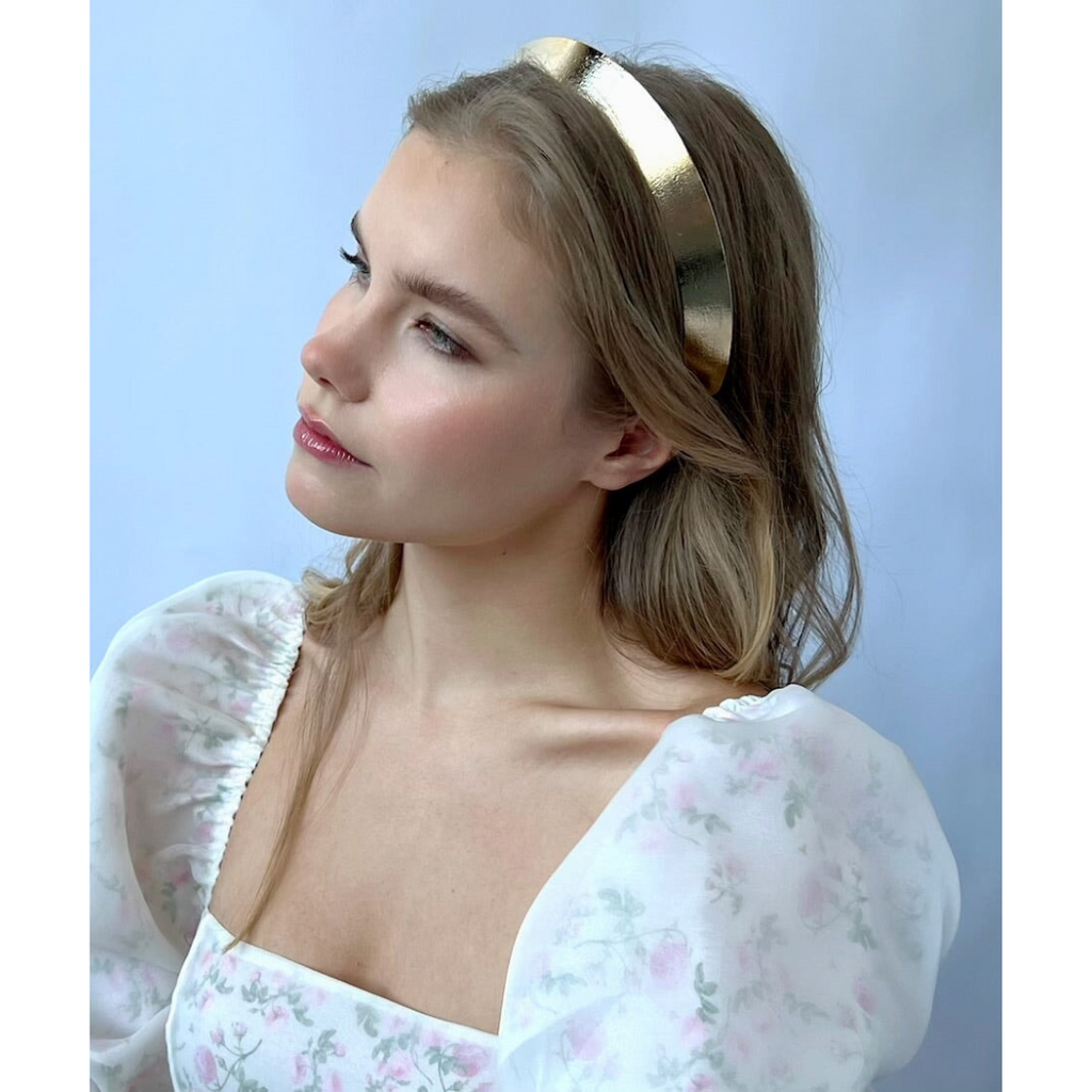 woman wearing Wide spun gold crown headband – textured luxury designer hair accessory